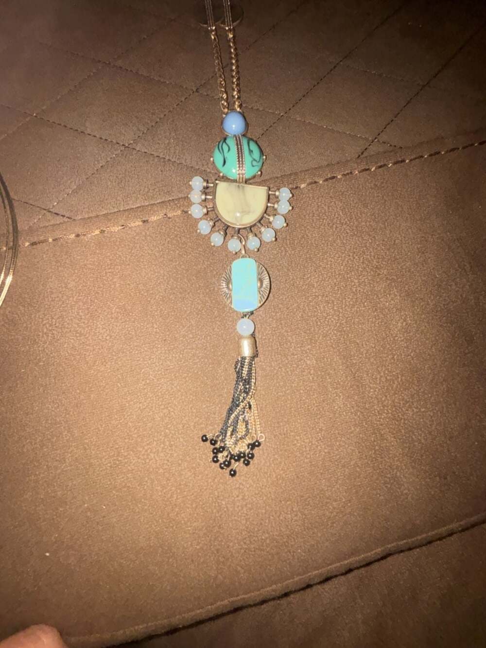 Lucky Brand Silver Tone Pear Shaped Large Pendant Necklace Turquoise Tassel Set - Picture 5 of 7